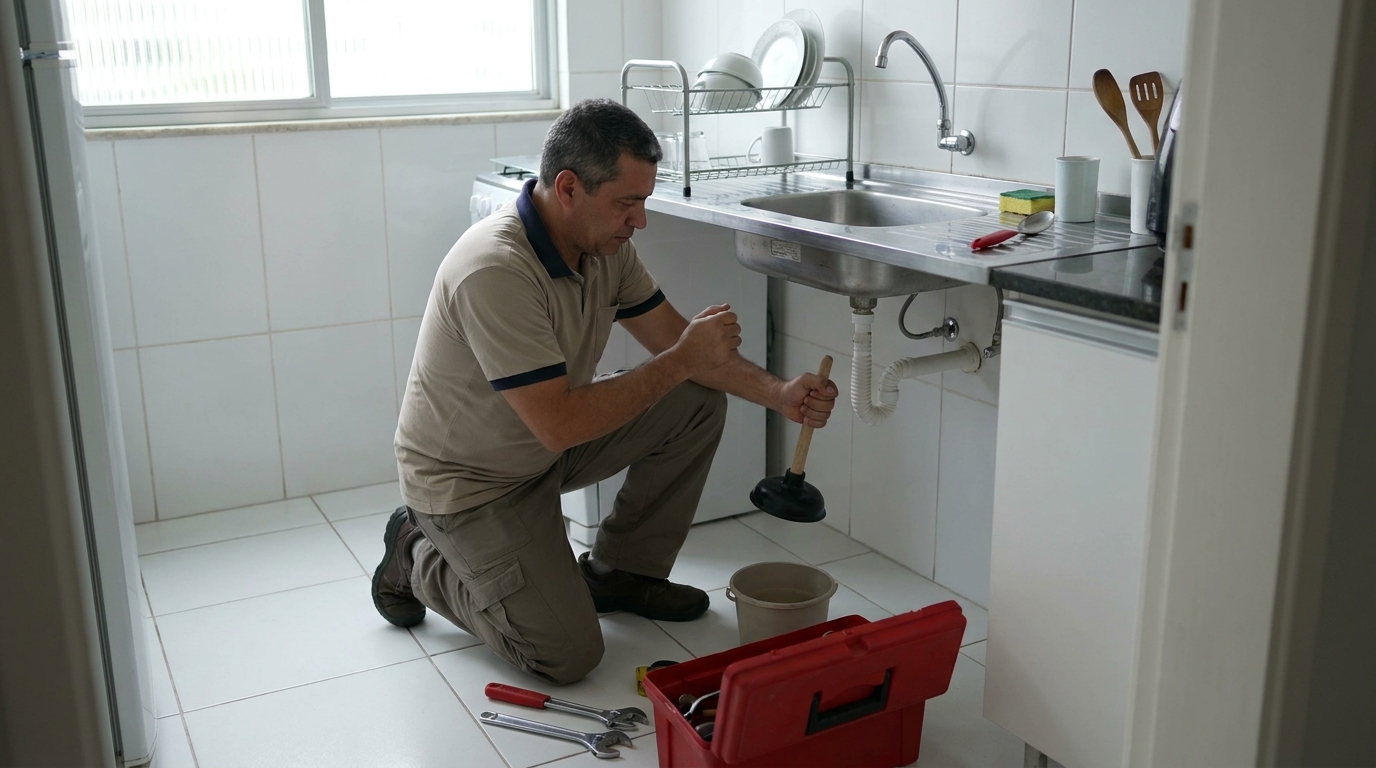 Desentupimento de pia residencial em Harmonia, Canoas‑RS